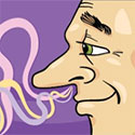 Cartoon image of man with oversized nose smelling fumes.